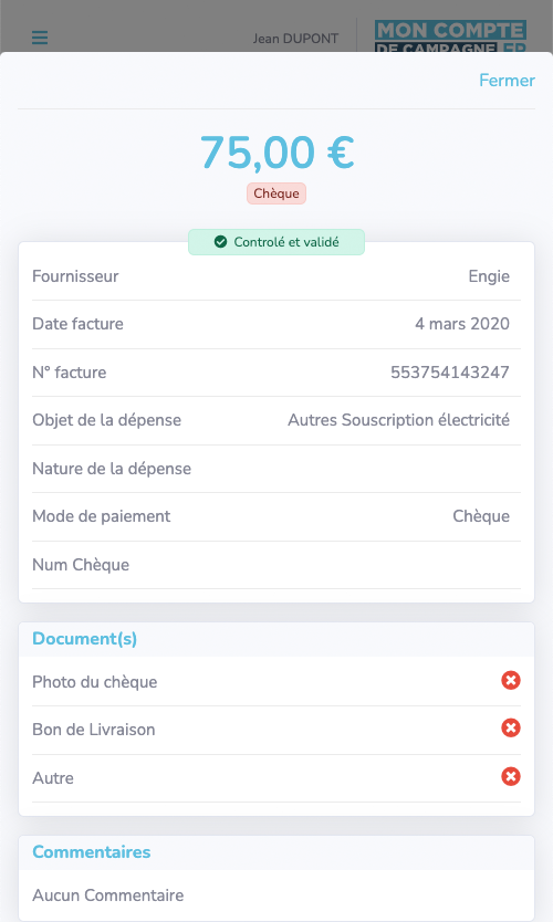 page détails des dépenses de l'application Mon compte de campagne