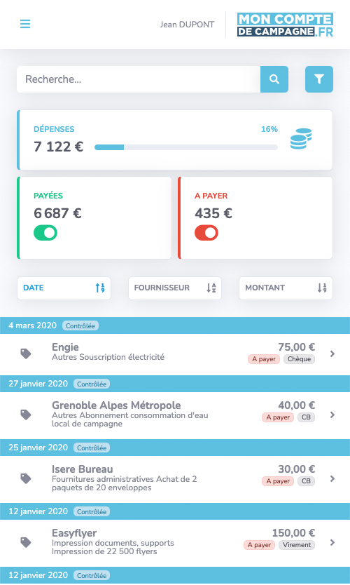 page liste des dépenses de l'application Mon compte de campagne