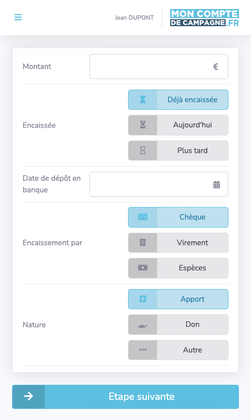 page nouveau don de l'application Mon compte de campagne